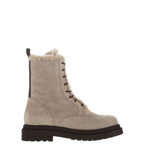 Brunello Cucinelli Women Suede Boot With Shearling Lining And Shiny Loop Detail